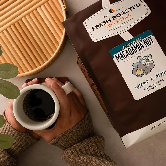 Fresh Roasted Coffee, Hawaiian Macadamia Nut Flavored Coffee, 5 lb, Medium Roast, Kosher, Ground