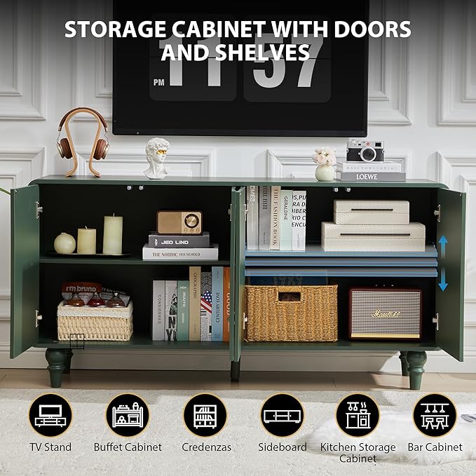 Mid Century Modern Sideboard Buffet Cabinet with Storage, Kitchen Sideboard Credenza Storage Cabinet with Doors and Shelves for Home Coffee Bar, Dining Room, Office, Entryway - Green