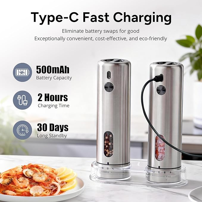 Electric Salt and Pepper Grinder Set, Rechargeable Automatic Salt and Pepper Shakers Mills, 110ml Large Capacity, Stainless Steel, Adjustable Coarseness, LED Light & Base, Ideal for Kitchen & Gifts