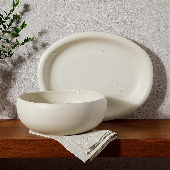 Bloomhouse - Two Time Oprah's Favorite Things Winner - Corsica Clay 2-Piece Serving Set ??Oval Platter and Bowl in Sea Salt White, Durable Stoneware for Entertaining & Everyday Use