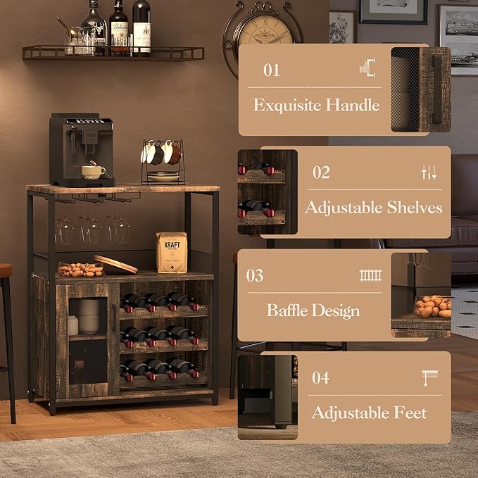 Vintage Industrial Wine Bar Cabinet with Adjustable Wine Racks and Glass Holders, Mesh Door Sideboard Storage Cabinet for Living Room, Kitchen, Dining Room, Compact Design, Easy Assembly,Burnt Color