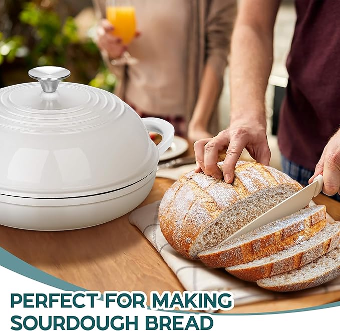 E-far Dutch Oven for Sourdough Bread Baking, 6 Qt Round Enameled Cast Iron Dutch Oven for Homemade Artisan Bread, Dome Lid & Shallow Base, Matte Black Interior & Durable, Oven-Safe to 500?? White