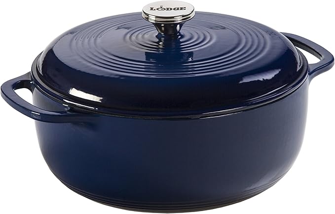 Lodge 6 Quart Enameled Cast Iron Dutch Oven with Lid ??Dual Handles ??Oven Safe up to 500째 F or on Stovetop - Use to Marinate, Cook, Bake, Refrigerate and Serve ??Indigo