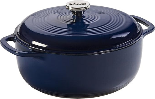 Lodge 6 Quart Enameled Cast Iron Dutch Oven with Lid ??Dual Handles ??Oven Safe up to 500째 F or on Stovetop - Use to Marinate, Cook, Bake, Refrigerate and Serve ??Indigo