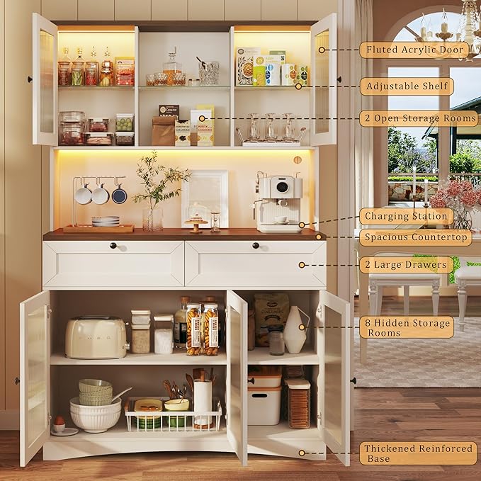 71" Pantry Cabinet with Charging Station and LED Light, Modern Kitchen Pantry Cabinet with Microwave Stand, Tall Kitchen Hutch Food Pantry with Drawers & Shelves for Dining Room, White