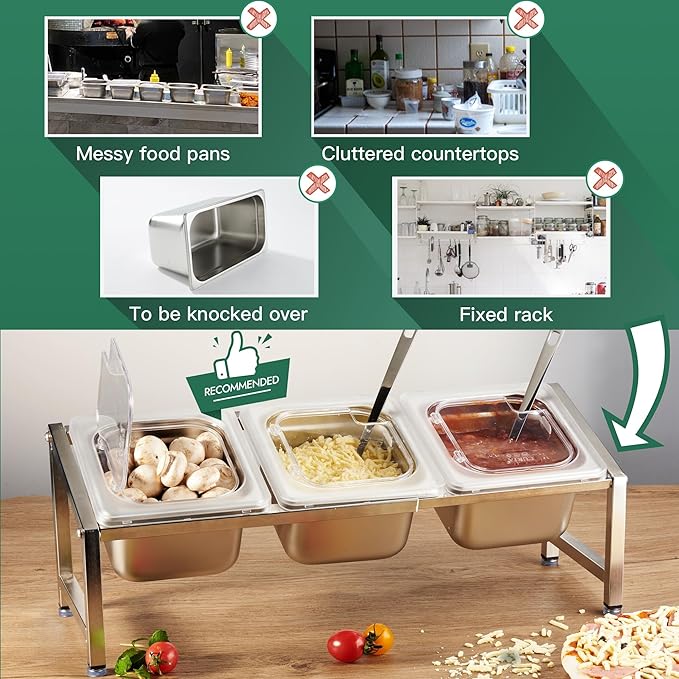 CURTA Commercial Spice Rack Set, NSF Certified, 18/8 Stainless Steel Inclined Organizer Shelf with 3 1/6 4" Pan & 3 Ladles, 13.8"-23.6" Adjustable, Countertop Holder for Seasoning Topping