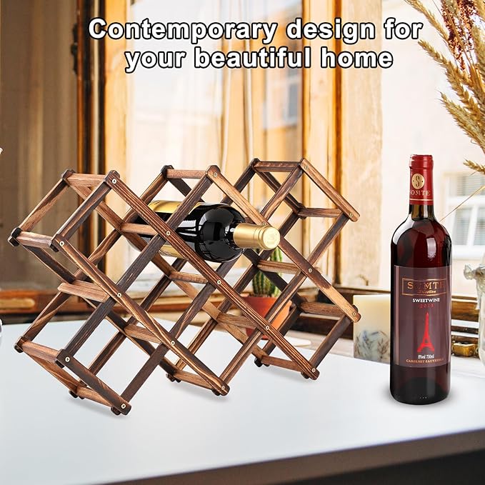 Freestanding Wine Rack, Holds up to 10 Bottles, Foldable Countertop & Cabinet Wine Holder ??Wine Rack for Red Wine, Water Bottles, and Drink Storage, No Assembly Required