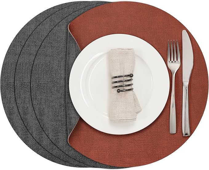 Myir JUN Round Dual-Sided Placemats, Faux Leather Set of 4 for Indoor and Outdoor Dining Tables, Non-Slip Washable Table Mats (Gray Terracotta)