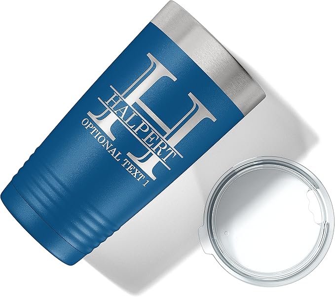 Personalized 20oz (17 Colors) Powder Coated Insulated Stainless Steel Tumbler with Lid, Custom Etched, Customized Engraved Gift Idea for Women Men Her Him, Halpert Monogram Initial Name (Royal Blue)