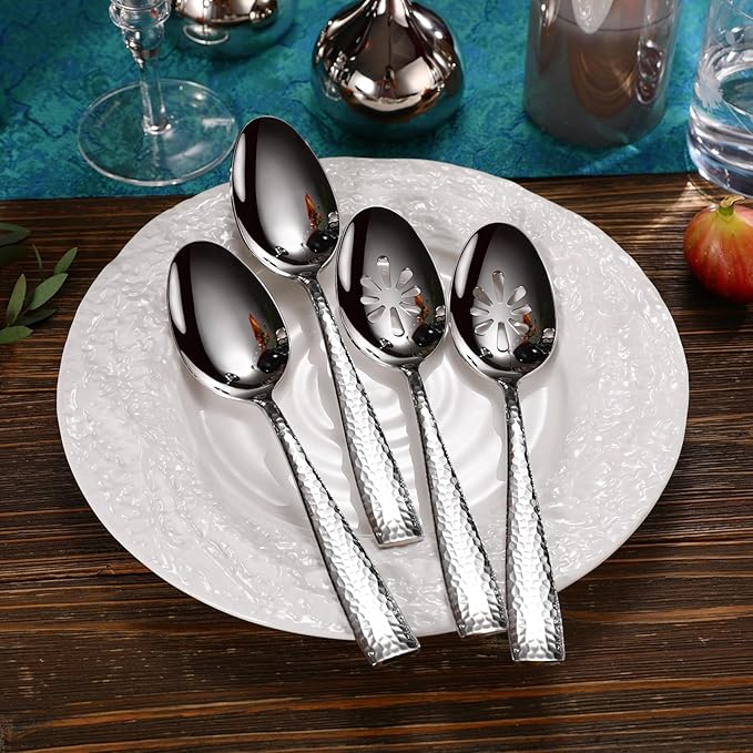 KEAWELL Premium Louis Hammered Table Utensils, 18/10 Stainless Steel, Squared Edge, Mirror Finish, Dishwasher Safe (Serving Spoons, Set of 2)
