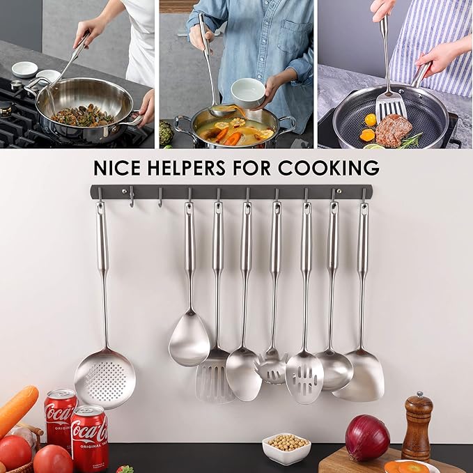 18/10 Stainless Steel Kitchen Utensils Set - 15??All Metal Cooking Tools & Serving Utensils, 8 PCS - Solid Spoon, Slotted Spoon, Spatula, Ladle, Skimmer, Tunner, Spaghetti Spoon, Large Spoon Set