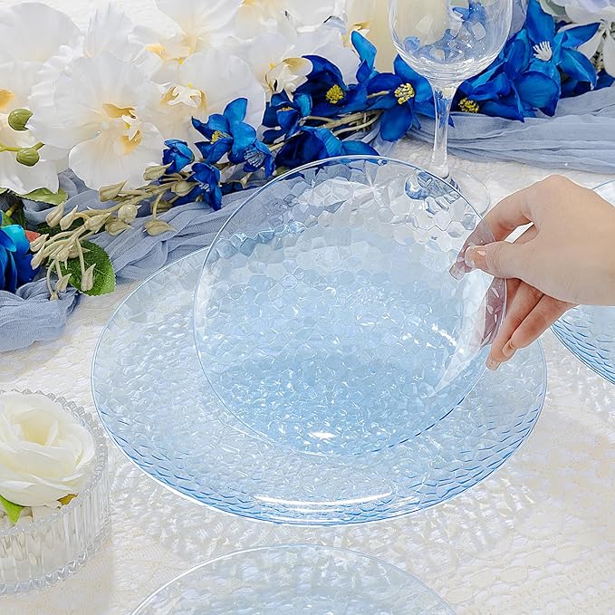 Rubtlamp 100 Pcs Blue Plastic Plates,Heavy Duty plastic Plates,Fancy Disposable Plates, Hammered Plastic plates Include 50 Pcs Dessert Platos, 50 Pcs Dinner Platos for Party