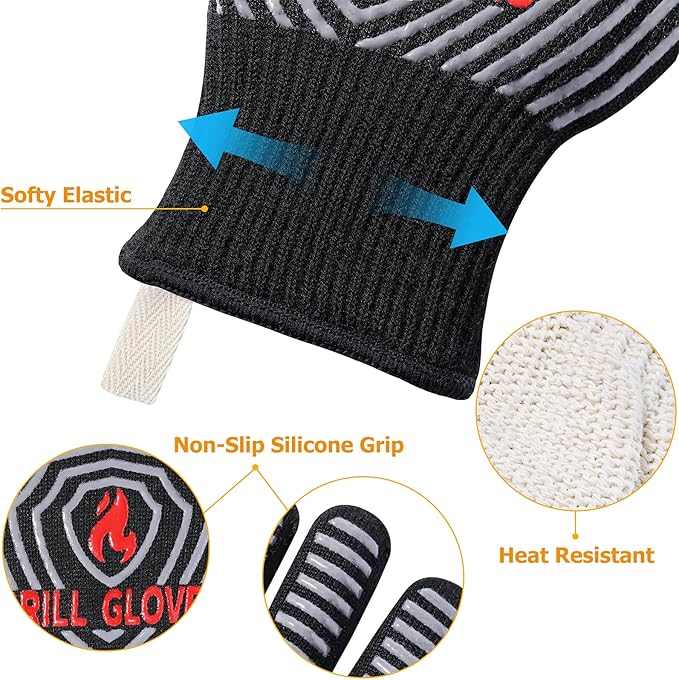 QUWIN BBQ Gloves, Oven Gloves, 1472??Extreme Heat Resistant,Grilling Gloves Silicone Non-Slip Oven Mitts, Kitchen Gloves for BBQ, Grilling, Cooking, Baking-1 Pair??(Black, One Size Fits Most)
