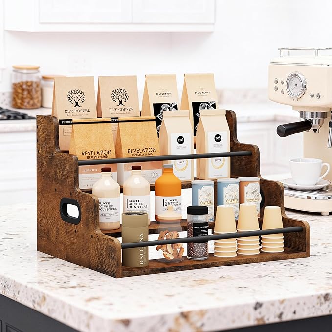 19.6?쓂 x 15.74" D x 12.5" H Inches Versatile 4-Step Coffee Syrup & Water Bottle Organizer Rack Multi-Functional Retro Display Shelf for Kitchen or Bar, Holds Liquor & Spirits, Wooden