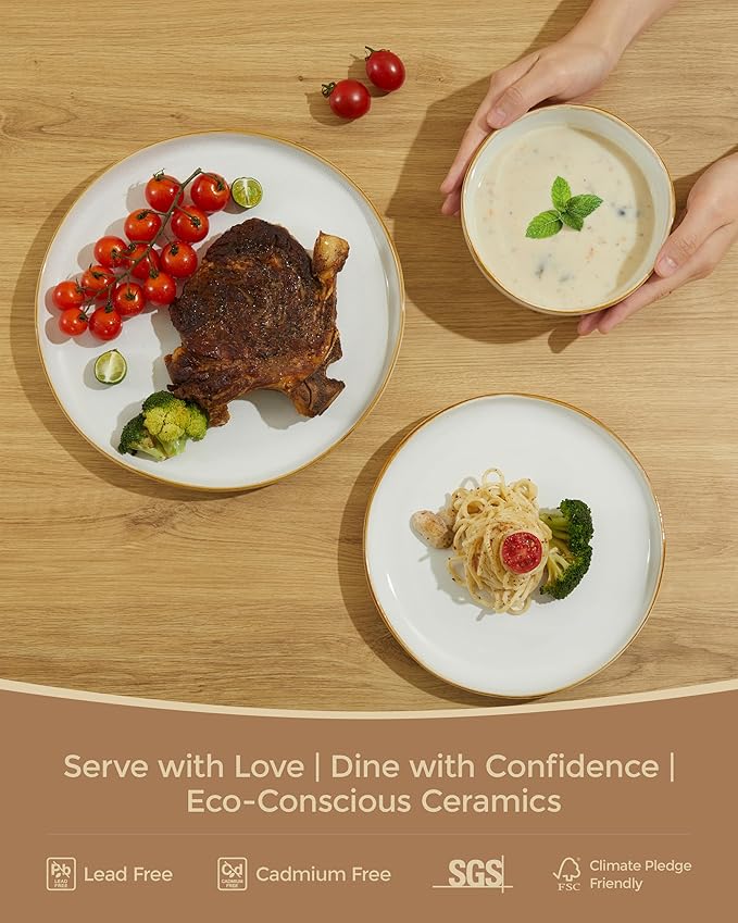 24 Piece White Ceramic Plates and Bowls Sets for 8, Reactive Glaze Stoneware with Coastal?멛ine Look | Ideal for Holiday Entertaining, Thanksgiving, and Large Family Meals