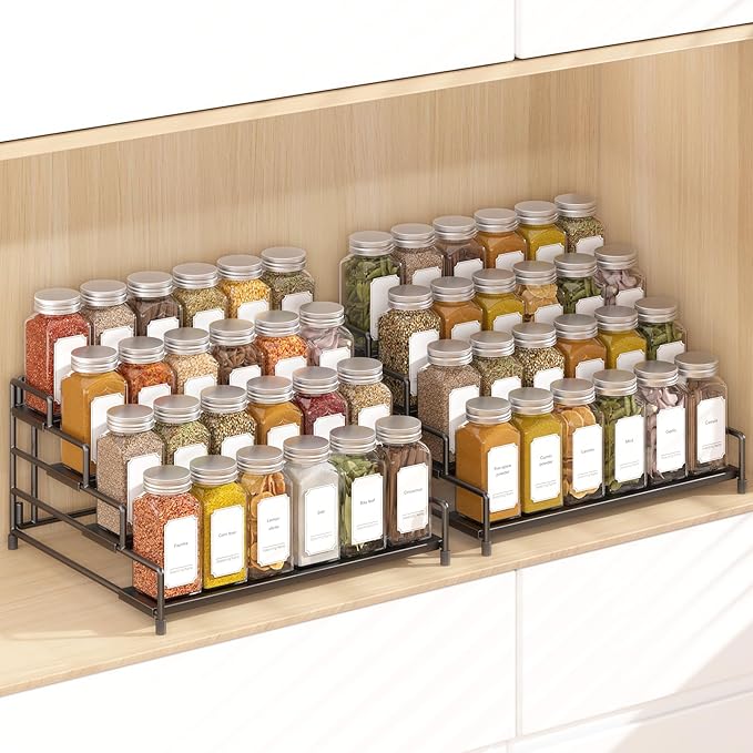 4-Tier-Spice-Rack-Organizer-for-Cabinet, Adjustable Depth Spice Holder Shelf For Countertop Pantry Cupboard, Metal Tiered Seasoning Organizer,Display Shelf Riser (Black-2 Pack)