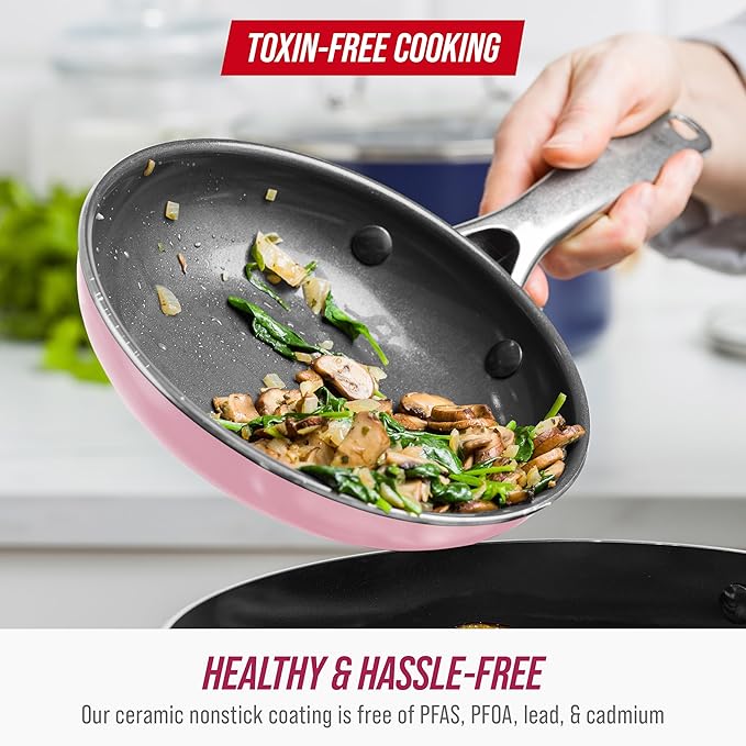 Blue Diamond Frying Pan 8??Skillet, Diamond Infused Healthy Ceramic Nonstick, PFAS and PFOA-Free, Dishwasher and Oven Safe, Even Heating, Metal Utensil Safe, Warp Control Base, Pink