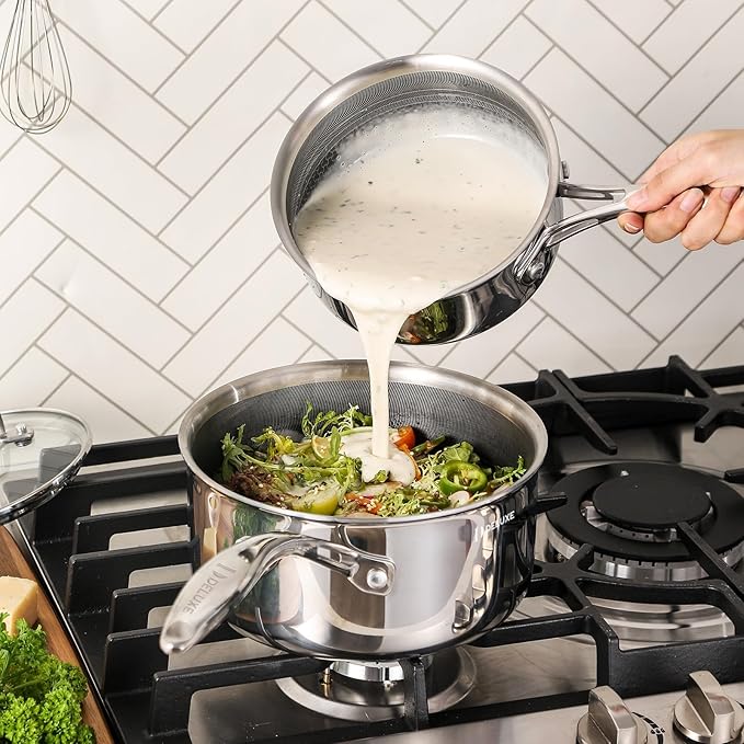 DELUXE Hybrid Nonstick 6 PCS Pot Set, 1.3, 3&5.4-Quart Pot with Tempered Glass Lid, Stainless Steel Cookware Pots with Stay-Cool Handle, Dishwasher Safe, Compatible with All Cooktops