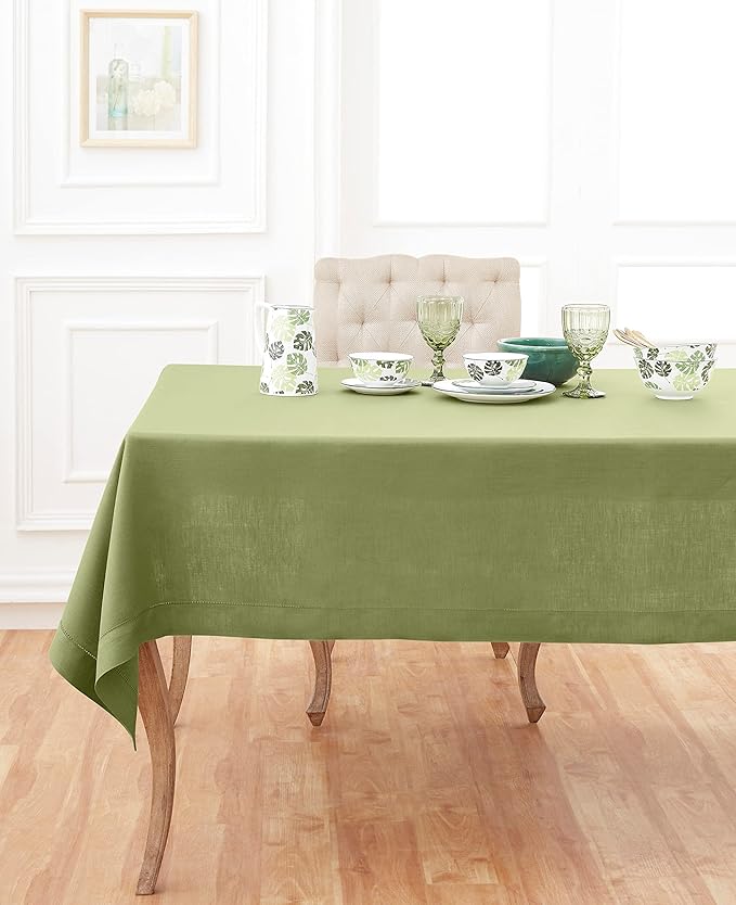 Solino Home Linen Tablecloth 60 x 90 Inch - Classic Hemstitch 100% Pure Linen Moss Green Table Cloth for Rectangle Tables - Machine Washable Tablecloth for Winter, Spring, Easter, St Patricks Day