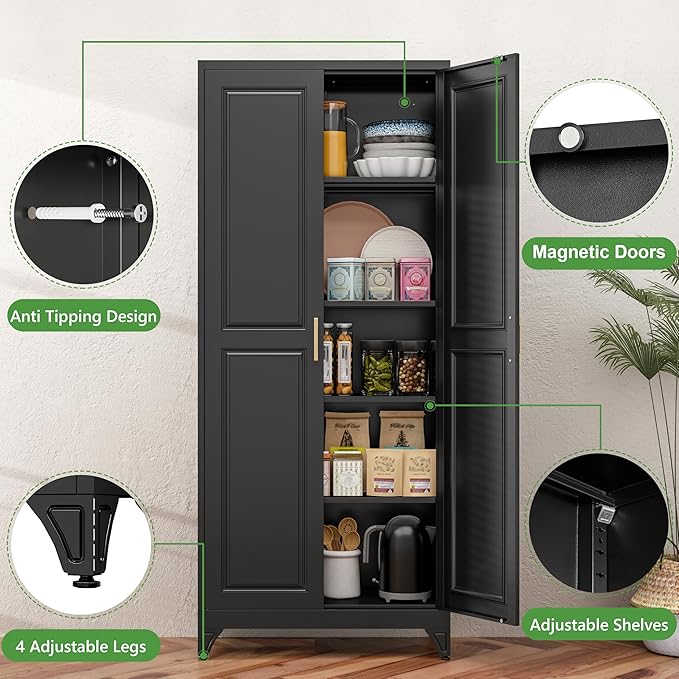 75??Tall Kitchen Pantry Cabinet,Metal Storage Cabinet with Doors and Adjustable Shelves,Modern Kitchen Hutch Cabinets,Freestanding Cupboard for Dining Living Room