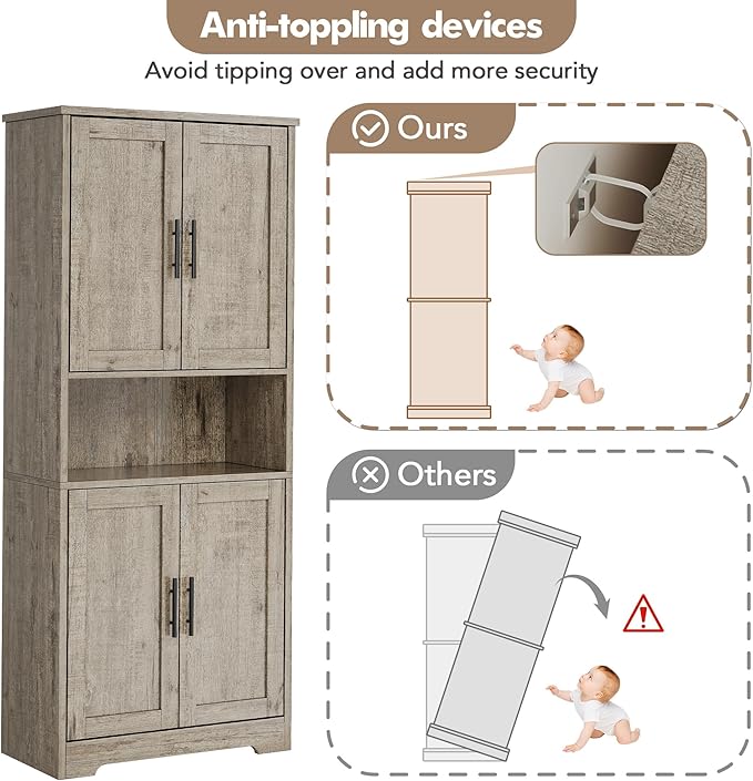 IDEALHOUSE Kitchen Pantry Cabinet, 70in Tall Storage Cabinet with Doors and Adjustable Shelves, Freestanding Cupboard for Living Room, Dining Room, Bathroom (Rustic Gray)