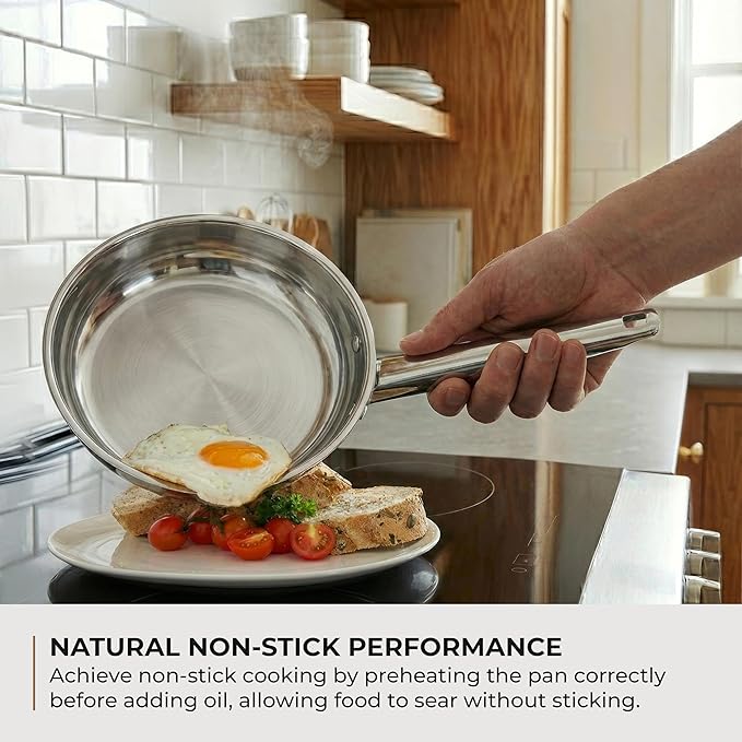 Sunhouse 8 Inch Tri-Ply Stainless Steel Frying Pan, Whole-Clad Skillet with Stay-Cool Handle, Oven Safe to 500째F, Dishwasher Safe, All Cooktop Compatible