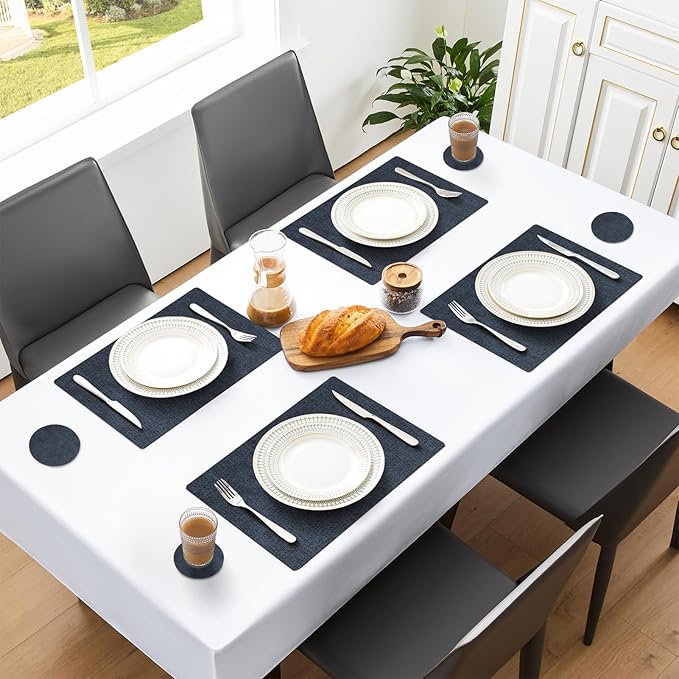 MOSAYT Faux Leather Placemats Set of 12, Heat Resistant Vinyl Place Mats with Coasters, Wipeable Washable 100% Waterproof Oil Proof Table Mats for Kitchen Dining Indoor Outdoor, 12" x 17", Navy Blue