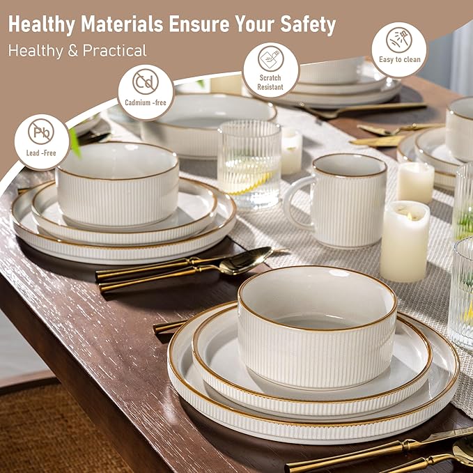 GBHOME Stoneware Dinnerware Sets for 6,Round Reactive Glaze Ceramic Plates and Bowls Set,Highly Scratch Resistant | Dishwasher & Microwave Safe Dishes Set,Service for 6(18Pcs),Pearl White