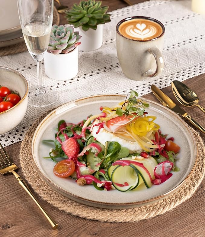 GBHOME Ceramic Dinnerware Sets for 4, 12 Pieces Stoneware Plates and Bowls Sets, Scratch Resistant Dishes, Dishwasher & Microwave Safe, Reactive Glaze-Almond Cream