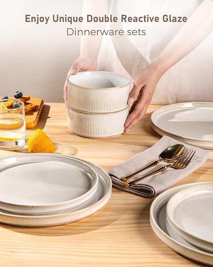 GBHOME Stoneware Dinnerware Sets for 4,Round Reactive Glaze Ceramic Plates and Bowls Set,Highly Scratch Resistant | Dishwasher & Microwave Safe Dishes Set,Service for 4(12Pcs),Vanilla White