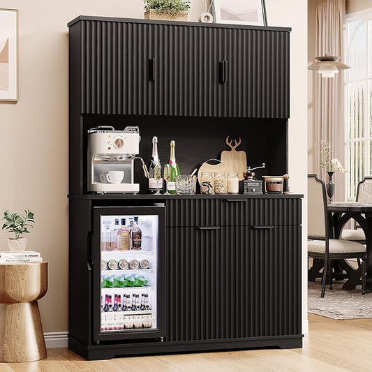 69" Kitchen Pantry with Fridge (Fridge Included), Fluted Coffee Bar Cabinet with Storage Hutch, Tall Wine Bar Cabinets with Drawers & Wide Countertop for Living Room, Dining Room, Black