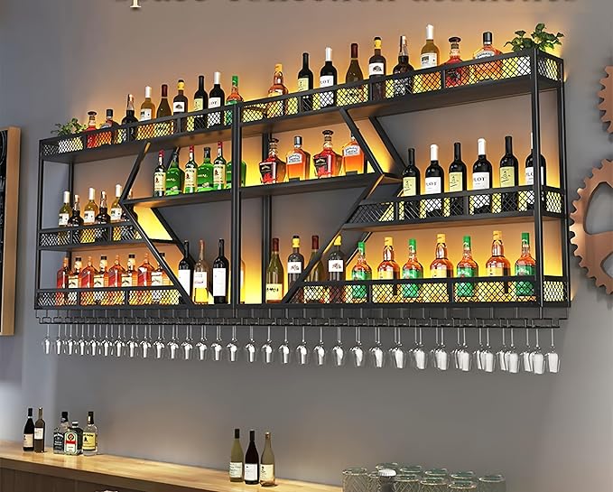 59 Inch Metal Wine Rack Wall Mounted, Modern Bar Shelves Wall Mounted Wine Rack with LED Light, Liquor Shelf Wall Mounted, Bar Shelves for Liquor Bottles (Black with Blue Led, 59-3 Tier)