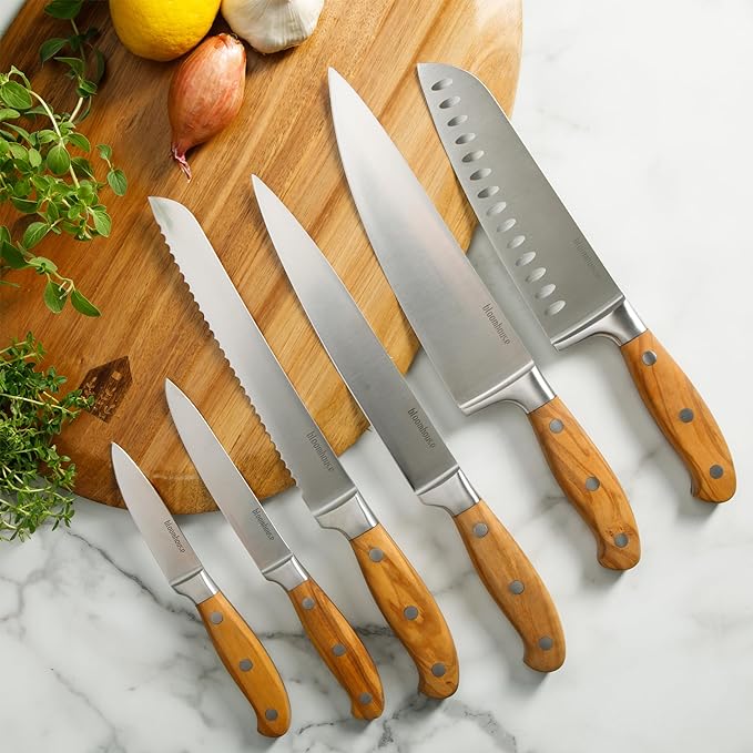 Bloomhouse - Two Time Oprah's Favorite Things Winner - 7 Piece Italian Olive Wood Kitchen Knife Block Set w/German Forged Stainless Steel Knives