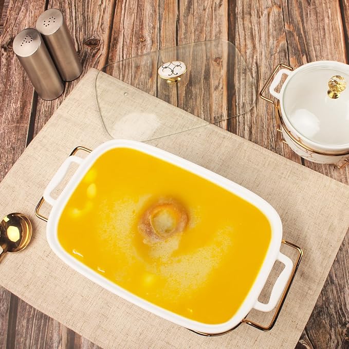 12" x 8" Ceramic Casserole Dish with Glass Lid and rack, 1.6 Quart Serving Soup Tureen,Chafing Dish for Buffet, Family Food preserve Tray, Catering Casserole for Party Style