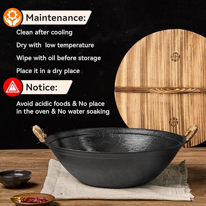 WANGYUANJI 13.4" Flat-Bottom Cast Iron Wok Pan with Lid, Dual Handles, Traditional Handcrafted Chinese Wok, Coating-Free, Not Pre-Seasoned, Works with Induction/Gas/Ceramic