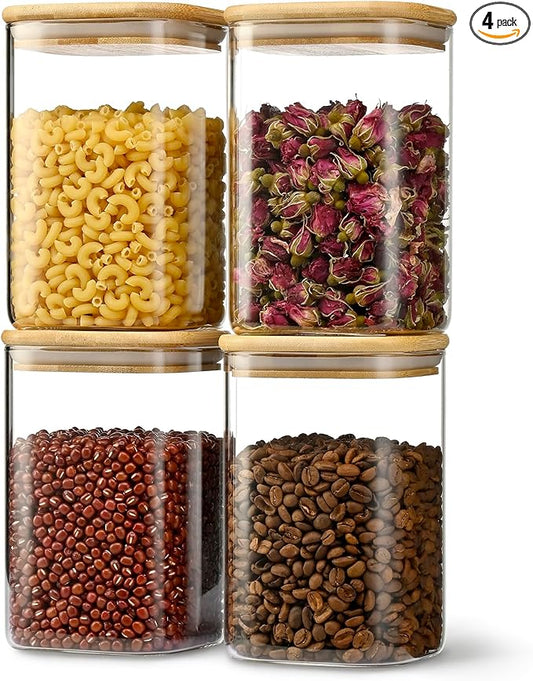 37oz Airtight Glass Square Storage Canister with Bamboo Lid Set of 4 (1100ml) Container Stackable Jar, Kitchen Canister for Pantry Noodles, Flour and Coffee beans (?럚ith Black Lable)