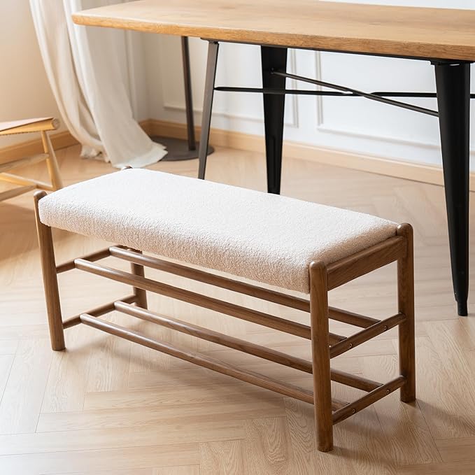 XINNAN Solid Wood Entryway Bench with Shoe Storage, Rustic Oak Wood and Sherpa Fabric 39.4 Inch Long Seating for Living and Dining Rooms, 3-Tier White