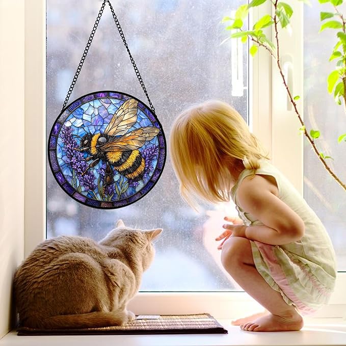 Stained Glass Window Hanging, Bee Lavender Sun Catchers Diamond Glass Panel Hangings Insect Suncatcher Decor for Birthday for Women, Men, Wife, Aunt, and Mom 11.8x11.8 in