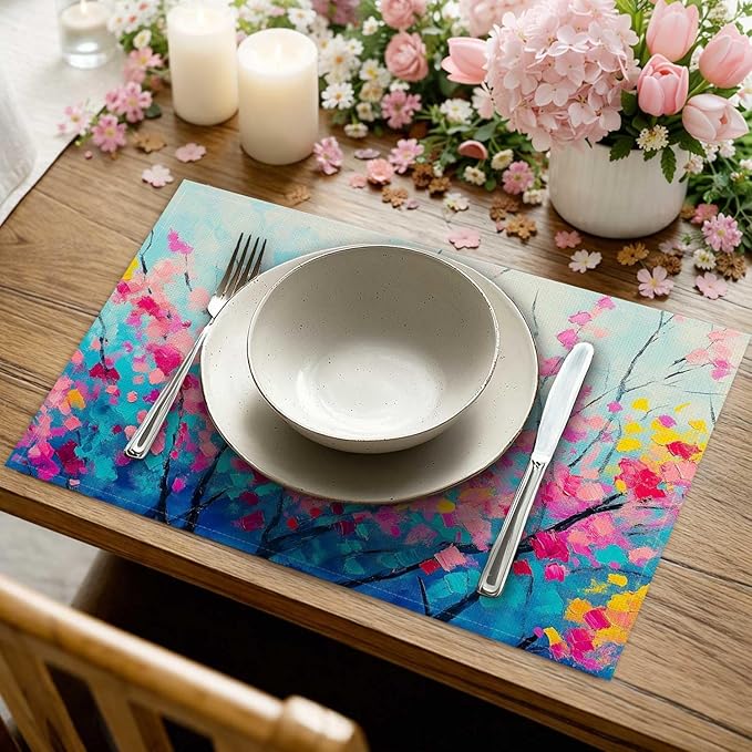 Jauageon Spring Summer Floral Placemat Set of 4 Placemats Flower Branch Table Mats for Indoor Outdoor Home Party Kitchen Dining Decor Farmhouse Burlap Table Mats 12x18 Inch