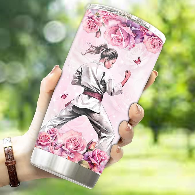 WONWIX Personalized Karate Tumbler for Girls, Stainless Steel Insulated 20oz Travel Cup Mug Water Bottle Perfect Birthday Mother's Day Valentine Christmas Gift for Women, Wife, Daughter