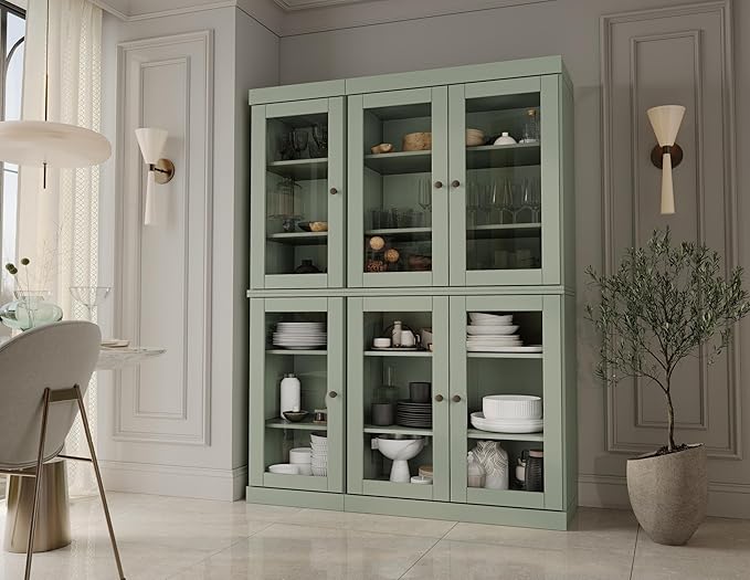 Palace Imports 100% Solid Wood 48.5" Pantry China Cabinet with Clear Glass Doors and Adjustable Shelves (Sage)