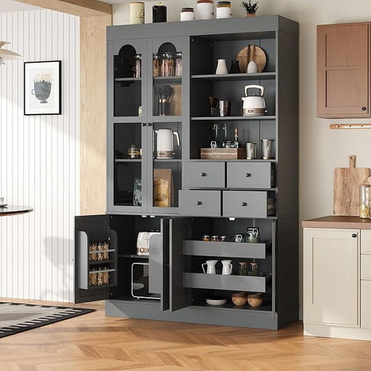 75-inch Tall Kitchen Pantry Cabinet, Freestanding Buffet with Hutch, Storage Cabinet with 4 Drawers, Door Shelves and Pull-Out Trays for Dining Room (Gray + MDF + Farmhouse)