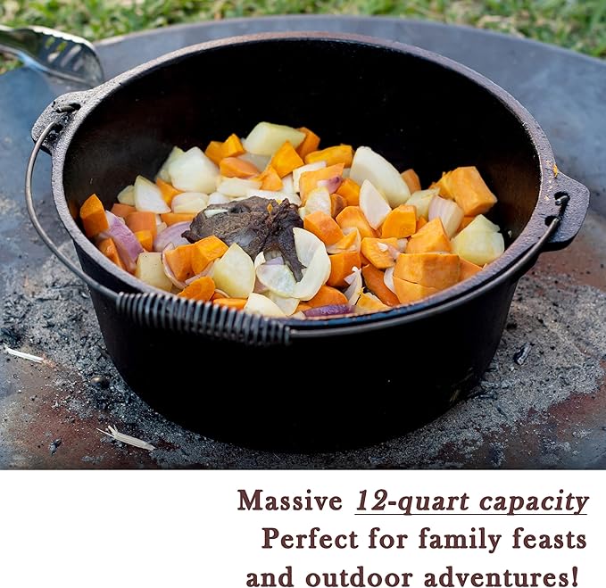 Cuisiland 12 Quart Cast Iron Dutch Oven with Dome Lid & Bail Handle ??Pre-Seasoned Large Campfire Pot for Outdoor Cooking, Roasting, Baking & Stews ??Heavy-Duty Cookware with Even Heat Distribution