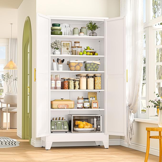 75.2" Tall Metal Storage Cabinet with 2 Doors and 5 Adjustable Shelves, New upgrade Kitchen Pantry Cabinet, White Freestanding Cupboard, 6 Tier Steel Storage for Office, Kitchen, Dining, Garage