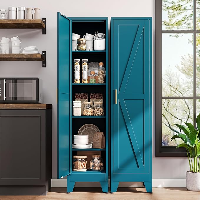 67?쏦 Blue Narrow Kitchen Cabinet, Metal Skinny Pantry Storage Cabinet,Tall Narrow Bathroom Storage Cabinet with Adjustable Shelves,Slim and Thin Pantry Cabinets for Living Room Dining Room