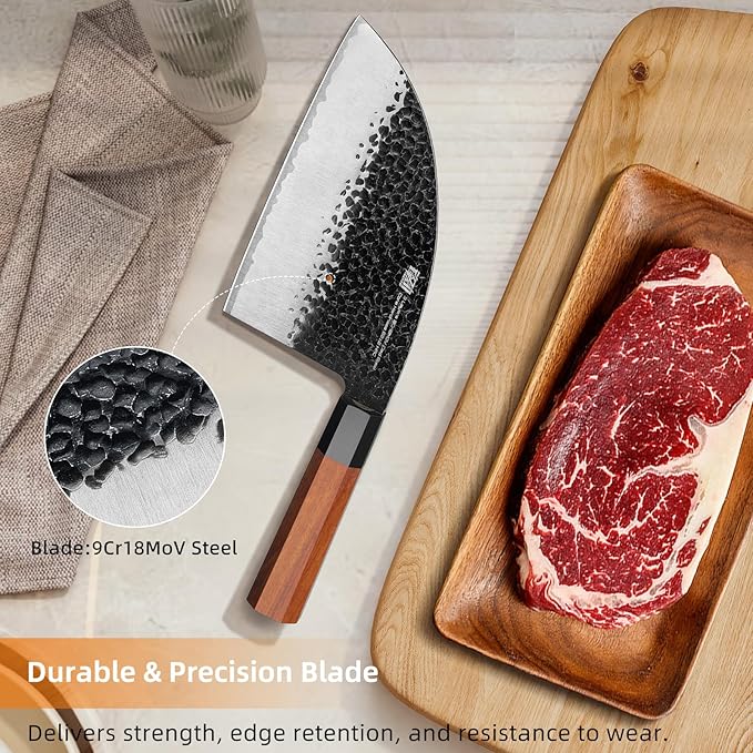 FINDKING Dynasty Series Serbian Chefs Knife with Leather Sheath, Heavy Duty Meat Cleaver, 9Cr18MoV High Carbon Steel Blade, African Rosewood Octagonal Handle, for Meat, Chicken Bones, 6.5 Inches