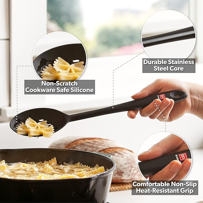 DI ORO Silicone Spoons for Cooking - Large Kitchen Spoons for Mixing, Serving, & Stirring - 600째F Heat-Resistant Non Stick Utensils ??Big Solid & Slotted - Dishwasher Safe (2pc, Black)