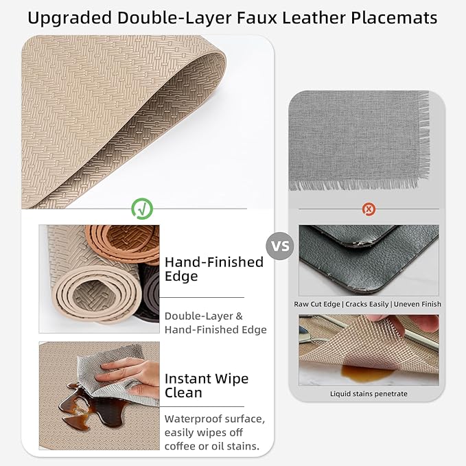 PROMATTOO Faux Leather Placemats Set of 6 – 17x12 Inch Vinyl Table Mats, Heat Resistant, Non Slip, Wipeable & Washable, Easy to Clean Dining Table Decor for Kitchen & Dining Room（Light Taupe）
