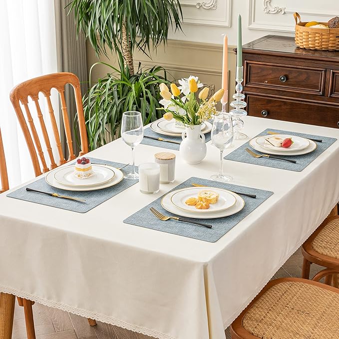 Romanstile Vinyl Placemats Set of 8-12 X 18 Inch - Heat Resistant Place Mats 100% Waterproof Oilproof Wipeable Reversible Faux Leather Table Mats for Kitchen/Dining/Party/Outdoor, Sky Blue