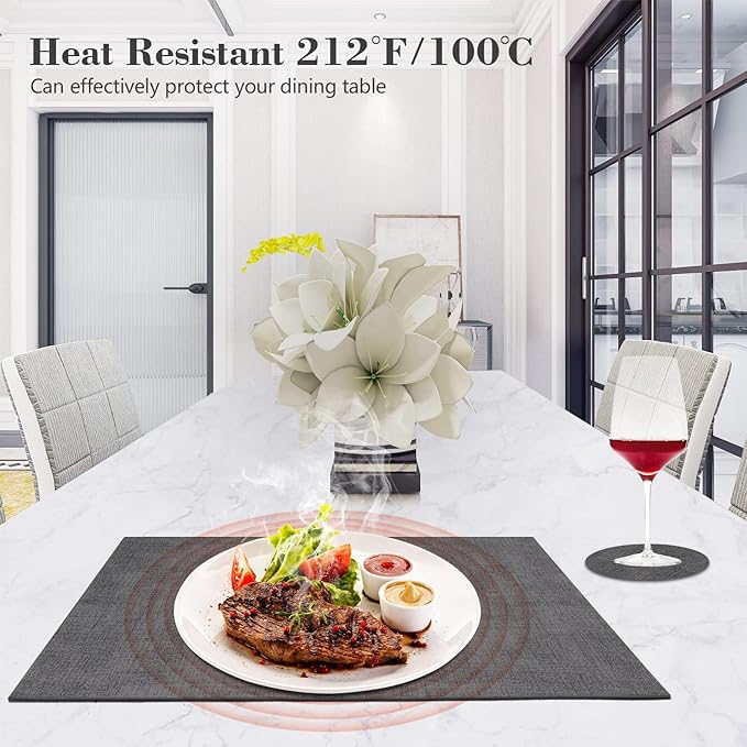 JUCCWARM Faux Leather Placemats Set of 6,Heat Resistant Placemats for Dining Table, Easy Clean Non-Slip Place Mats, Waterproof Stain Resistant Wipeable Washable PU Table Mats, (Dark Grey)